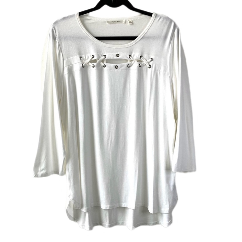 LAST CHANCE SALE! Cyrus White Lace Grommet Embellished Detail Hi Lo Tunic Top